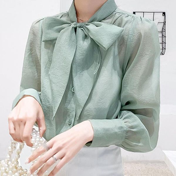 women office bow collar transparent organza green smock shirt blouses women long sleeve button blusas fall shirt, White
women office bow collar transparent organza green smock shirt blouses women long sleeve button blusas fall shirt, White