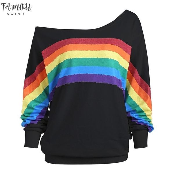 women t shirt casual loose long sleeve rainbow print strapless shoulder pullover shirts sweatshirt tee shirt femme, White
women t shirt casual loose long sleeve rainbow print strapless shoulder pullover shirts sweatshirt tee shirt femme, White