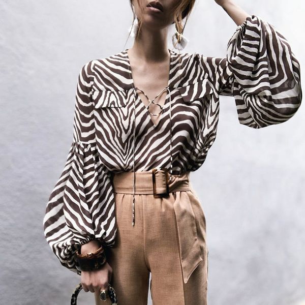 women's blouses & shirts summer 2021 zebra stripe printed women blouse shirt bell long sleeve female elegant v neck lace up ladies, White
women's blouses & shirts summer 2021 zebra stripe printed women blouse shirt bell long sleeve female elegant v neck lace up ladies, White