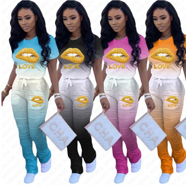 women tracksuit gradient colors pleated trousers pants short sleeves lips letter t shirt designer two piece outfits summer sports suit d7205, White
women tracksuit gradient colors pleated trousers pants short sleeves lips letter t shirt designer two piece outfits summer sports suit d7205, White