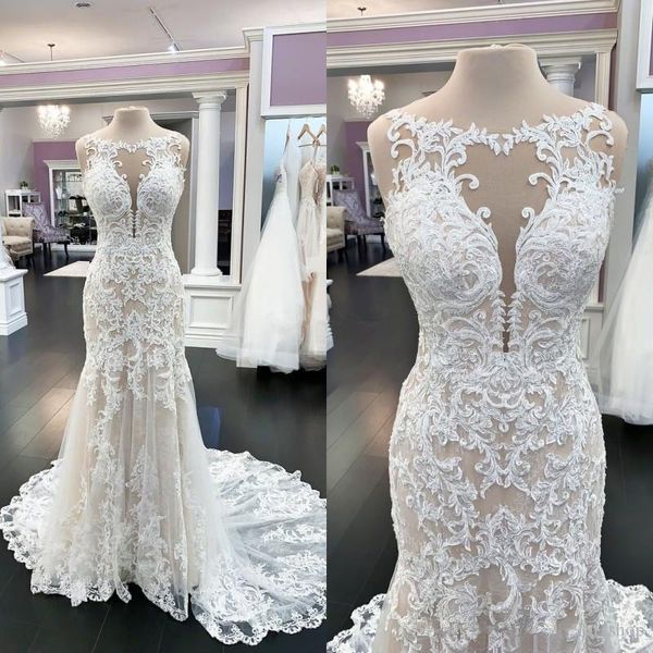 modest lace mermaid wedding dresses scoop sleeveless illusion lace-up back sweep train bridal gowns vestidos de novia, White
modest lace mermaid wedding dresses scoop sleeveless illusion lace-up back sweep train bridal gowns vestidos de novia, White