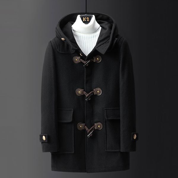 winter fashion thickened men's woolen coat korean men's mid-length horn buckle hooded woolen trench coat, Black
winter fashion thickened men's woolen coat korean men's mid-length horn buckle hooded woolen trench coat, Black