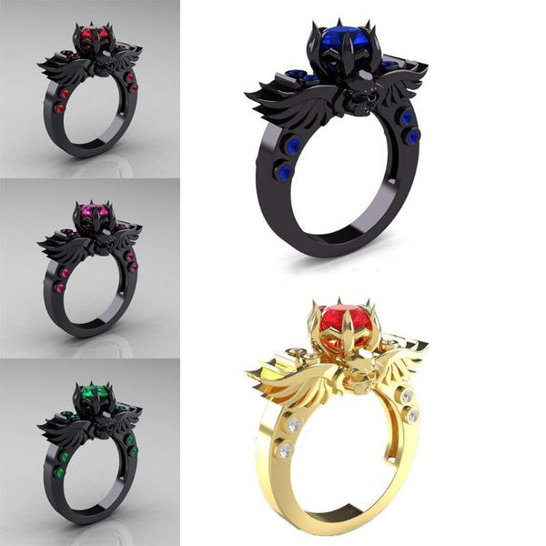 punk style fashion jewelry new skull black gold red zircon ring size 6-10, Golden;silver