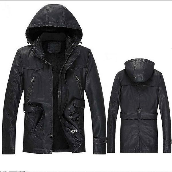 men brand casual motorcycle leather jacket plus velvet warm pu leather hooded coat with big belt, Black
men brand casual motorcycle leather jacket plus velvet warm pu leather hooded coat with big belt, Black
