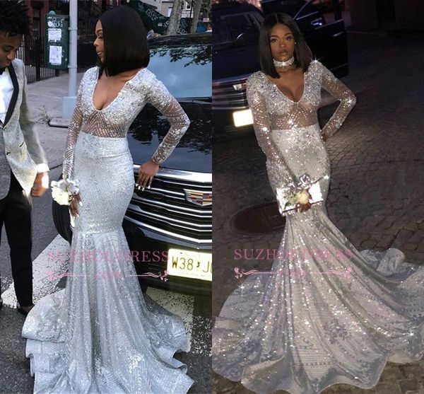 2019 V Neck Silver Sequins Long Mermaid Prom Dresses Black Girls Long Sleeves Beaded Sweep Train Evening Gowns BC0871
2019 V Neck Silver Sequins Long Mermaid Prom Dresses Black Girls Long Sleeves Beaded Sweep Train Evening Gowns BC0871