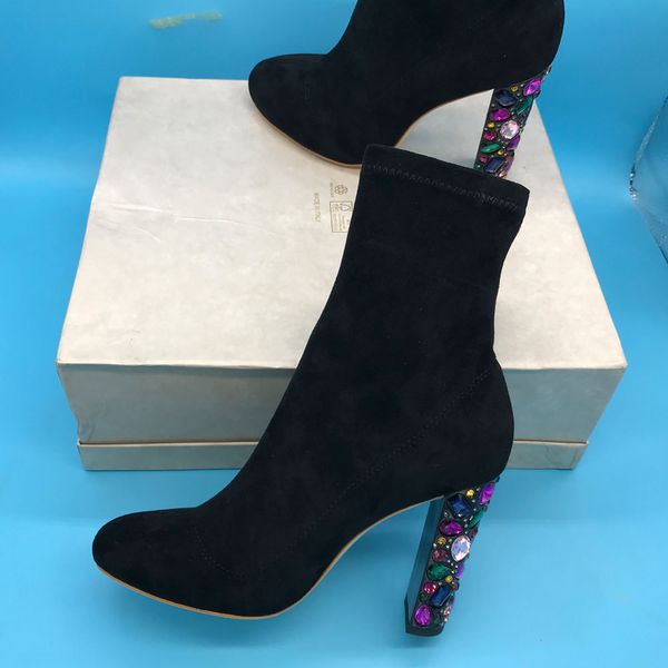 faux suede women high heel boots crystal heel design mid cut ankle boots colourful diamond, Black
faux suede women high heel boots crystal heel design mid cut ankle boots colourful diamond, Black