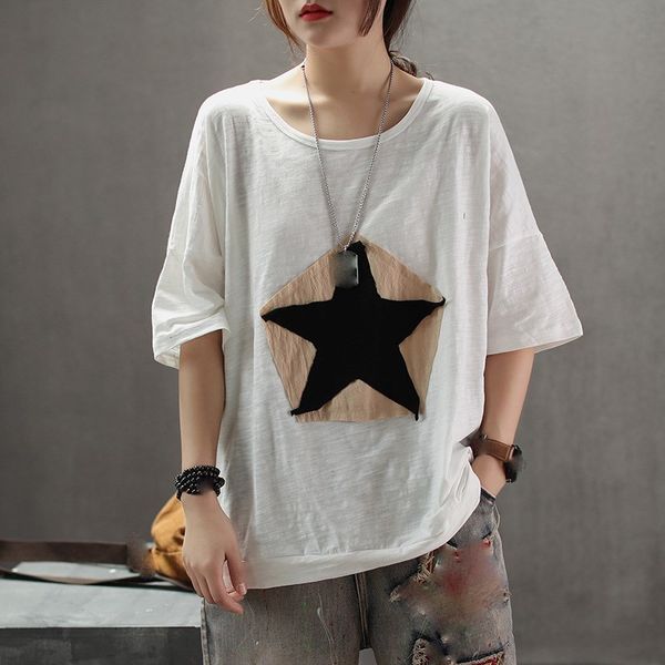 2019 plus size women loose t-shirt fashion star cotton casual t-shirts solid summer o-neck outwears, White
2019 plus size women loose t-shirt fashion star cotton casual t-shirts solid summer o-neck outwears, White