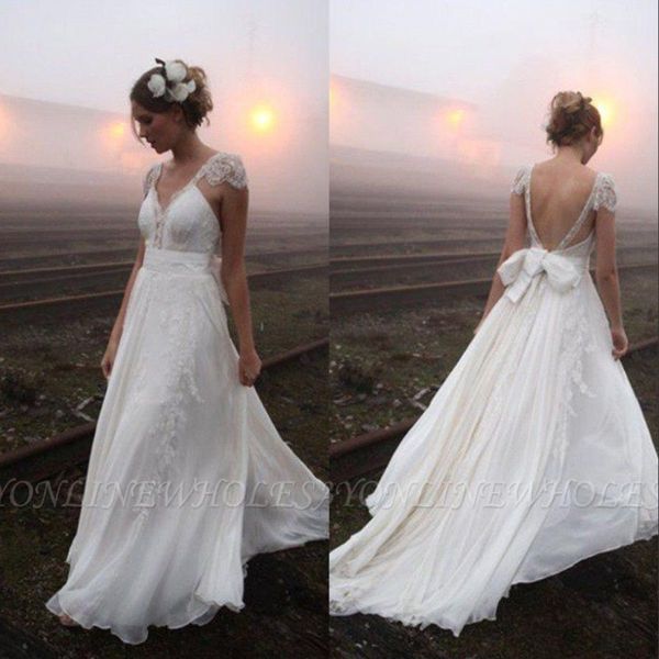 summer beach bohemian wedding dresses long backless cap sleeve a line lace applique chiffon bridal gowns, White
summer beach bohemian wedding dresses long backless cap sleeve a line lace applique chiffon bridal gowns, White