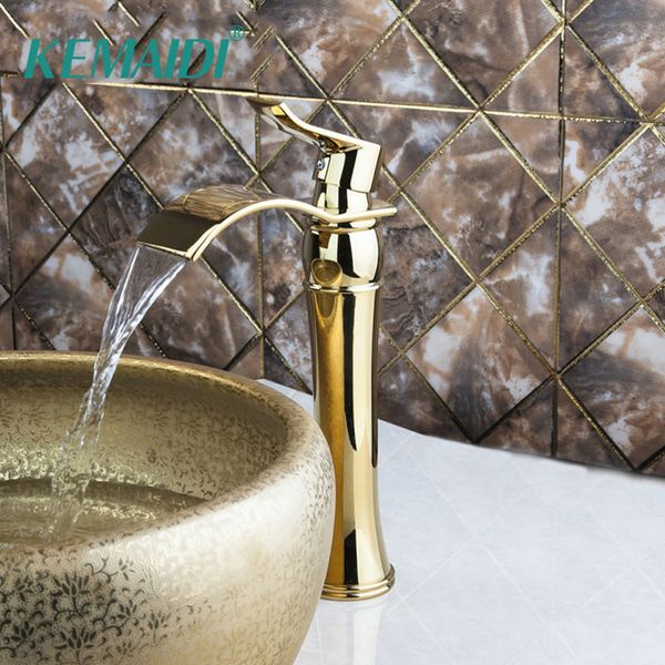 

kemaidi high new deck bathroom basin sink mixer tap polished gold faucet waterfall faucet bathroom deck mounted