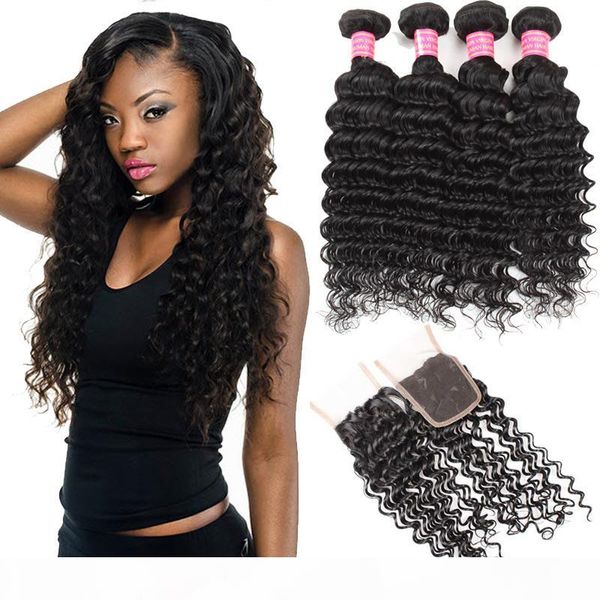 malaysian deep wave 4 bundles with closure wholesale price 8a grade virgin human hair extensions middle three part bleached knots, Black
malaysian deep wave 4 bundles with closure wholesale price 8a grade virgin human hair extensions middle three part bleached knots, Black