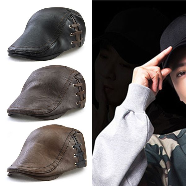 men pu leather beret cap newsboy hat casual warm for autumn winter outdoor xrq88, Blue;gray