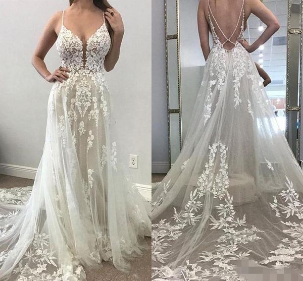 boho a line wedding dresses spaghetti straps lace applique chapel train pluning v neck tulle beach wedding gown vestido de novia, White
boho a line wedding dresses spaghetti straps lace applique chapel train pluning v neck tulle beach wedding gown vestido de novia, White