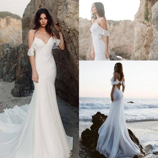 2019 boho beach wedding dresses mermaid with spaghetti straps off shoulder hollow back sweep train chiffon bohemian wedding gown, White
2019 boho beach wedding dresses mermaid with spaghetti straps off shoulder hollow back sweep train chiffon bohemian wedding gown, White