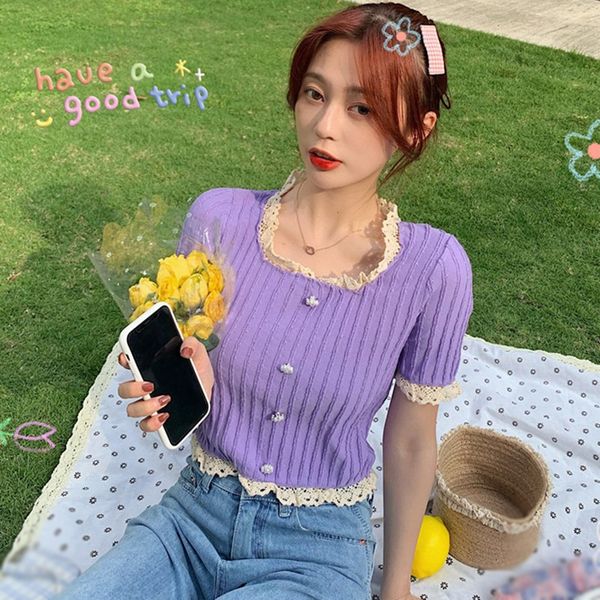women's square collar solid color short sleeve knitted slim pullover t-shirts korean style, White
women's square collar solid color short sleeve knitted slim pullover t-shirts korean style, White