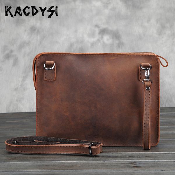 

designer genuine crazy horse leather vintage men briefcase bags retro men's business envelope lapmessenger bag