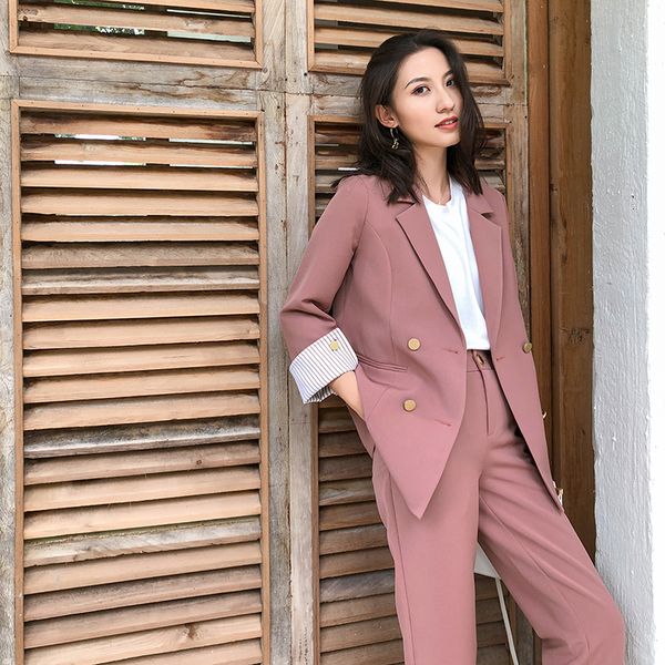 double breasted pink suits jacket women pant suits notched blazer & pencil pant solid style female 2 pieces set, White;black
double breasted pink suits jacket women pant suits notched blazer & pencil pant solid style female 2 pieces set, White;black