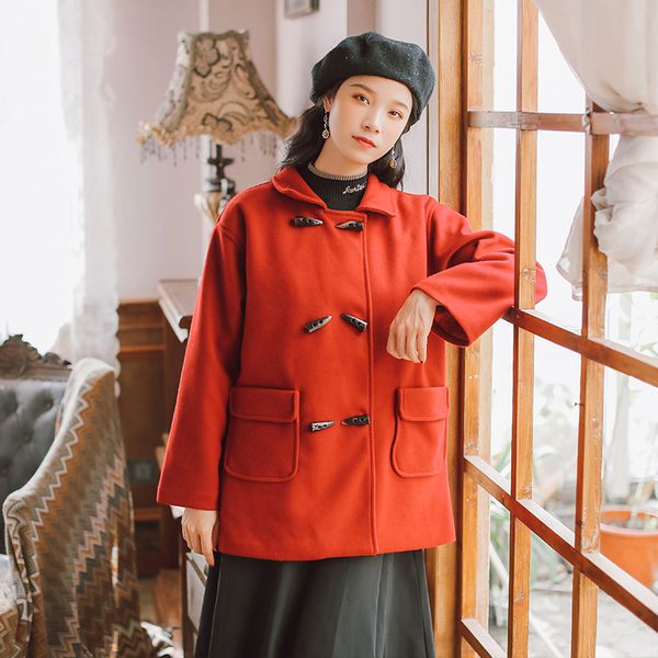 2019 new fashion women's clothing autumn and winter horn buckle short woolen coat, Black
2019 new fashion women's clothing autumn and winter horn buckle short woolen coat, Black