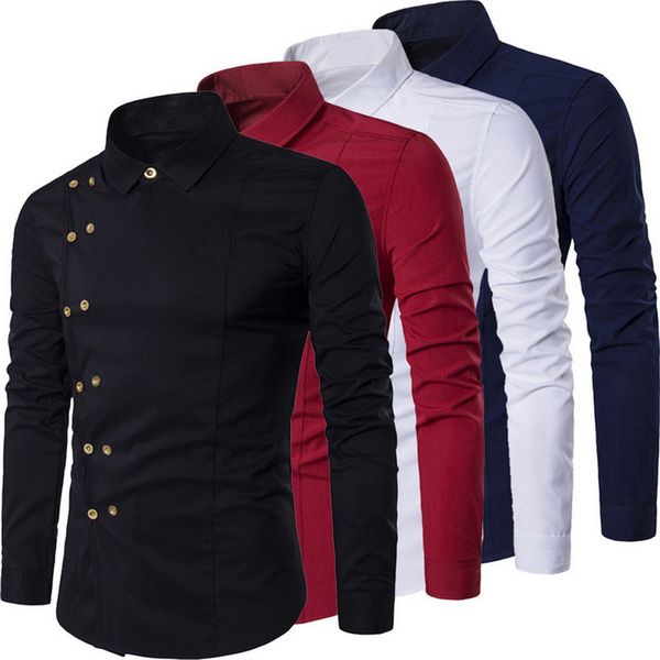 plus size 2019 men double breasted slim fit long sleeve turn down collar shirt male solid casual vintage court style, White;black
plus size 2019 men double breasted slim fit long sleeve turn down collar shirt male solid casual vintage court style, White;black