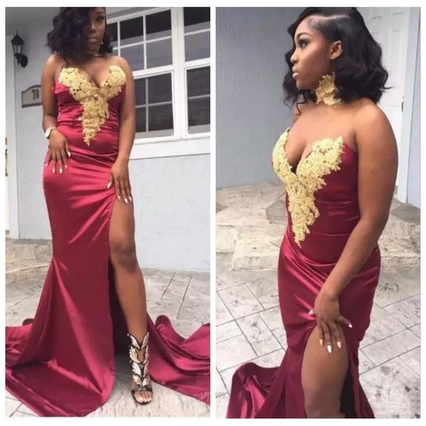 sweetheart with gold lace appliques slim mermaid prom dresses sweep train burgundy 2019 simple evening party gowns formal special occasion, Black
sweetheart with gold lace appliques slim mermaid prom dresses sweep train burgundy 2019 simple evening party gowns formal special occasion, Black