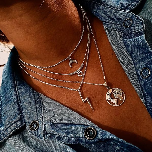 4 layers necklace jewelry simple beads chain moon clavicle chain creative lightning world map pendant necklace, Silver
4 layers necklace jewelry simple beads chain moon clavicle chain creative lightning world map pendant necklace, Silver