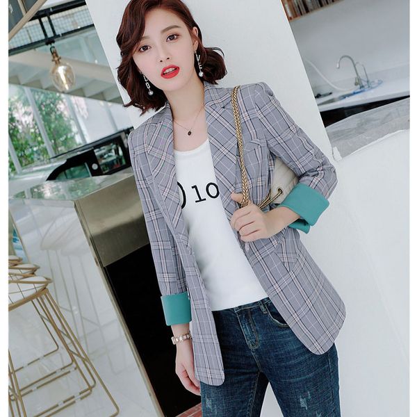 women plaid jacket with pocket office lady casual style blazer woman korean slim single button coats size s-4xl, White;black
women plaid jacket with pocket office lady casual style blazer woman korean slim single button coats size s-4xl, White;black