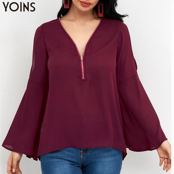 

blouse shirts yoins 2019 women autumn casual loose long flare sleeve zip v neck off shoulder pullover blusas femininas, White