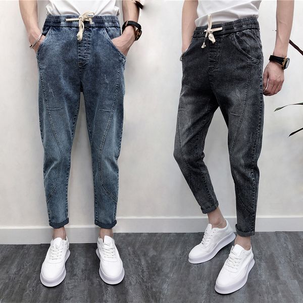 2019 spring men ripped hole ankle-length jeans mid elastic waist denim harem pants pencil pants with pocket distressed trousers, Blue
2019 spring men ripped hole ankle-length jeans mid elastic waist denim harem pants pencil pants with pocket distressed trousers, Blue