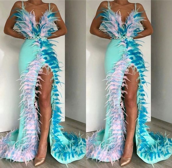 Feather Evening Dresses Hot Sale Sexy High Split Side African Formal Prom Dress Beaded Party Gowns robes de soirée Abendkleider