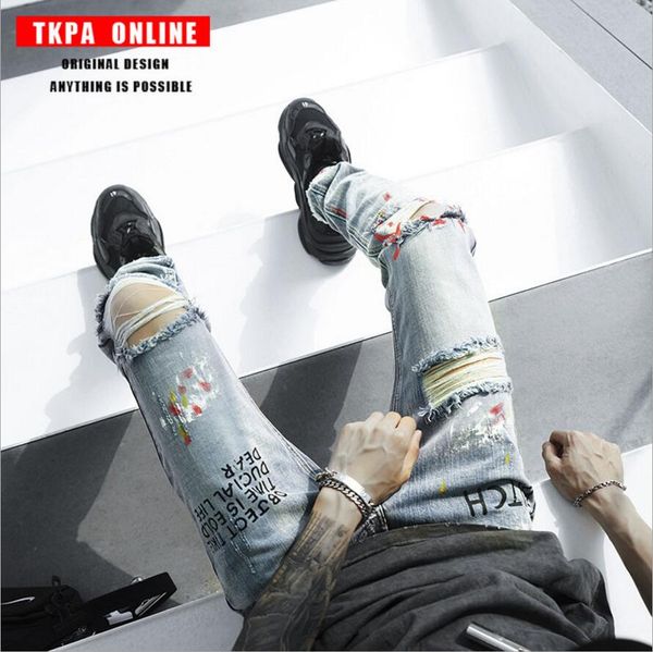 2019 new original street graffiti ripped jeans korean version gd high street personality design popular logo male, Blue
2019 new original street graffiti ripped jeans korean version gd high street personality design popular logo male, Blue