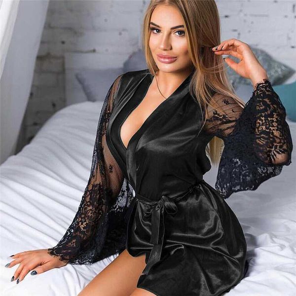 new women see-through lace deep v-neck robes sleepwear underwear nightwear erotic costume solid plus size -xxxl, Black;red