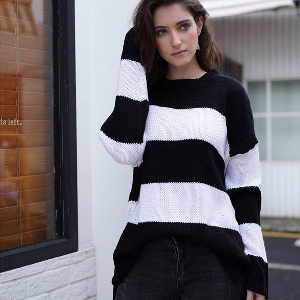 women lady's striped printed long sleeve patchwork pullover sweater slim plus size long pullovers knitting jumper, White;black
women lady's striped printed long sleeve patchwork pullover sweater slim plus size long pullovers knitting jumper, White;black