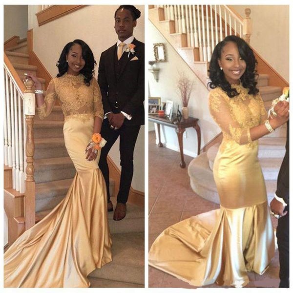 high neck 3/4 sleeve gold mermaid prom dresses 2020 lace appliques party dresses zipper up back formal dresses evening gown, Black
high neck 3/4 sleeve gold mermaid prom dresses 2020 lace appliques party dresses zipper up back formal dresses evening gown, Black
