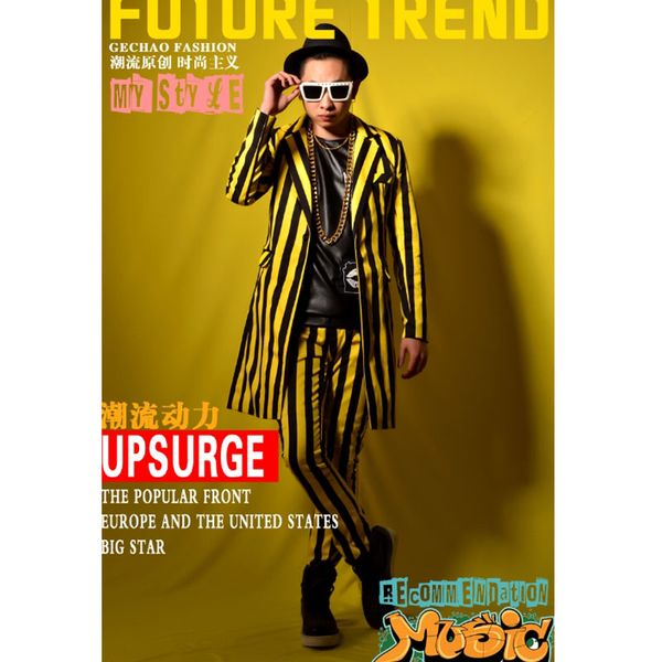 men 2 pieces suits sets yellow black stripes long suit coat pant male fashion hip hop slim fit blazers jacket stage costumes, White;black
men 2 pieces suits sets yellow black stripes long suit coat pant male fashion hip hop slim fit blazers jacket stage costumes, White;black