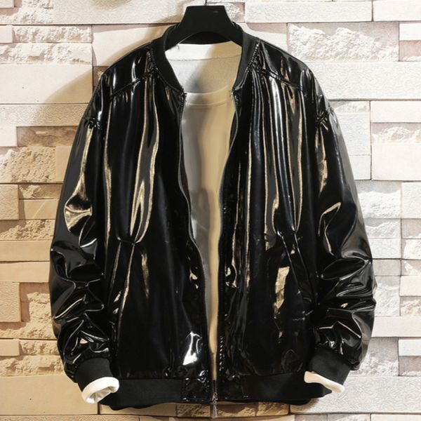 men shiny faux leather jacket baseball driving coat zipper wetlook biker outwear, Black
men shiny faux leather jacket baseball driving coat zipper wetlook biker outwear, Black