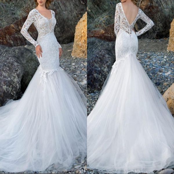 gorgeous beach mermaid wedding dresses v neck lace long sleeve backless sweep train tulle bridal gown, White
gorgeous beach mermaid wedding dresses v neck lace long sleeve backless sweep train tulle bridal gown, White