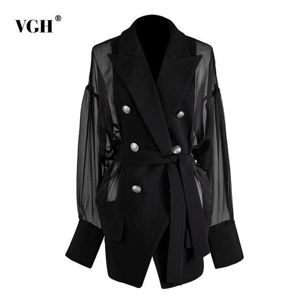 women's suits & blazers vgh elegant patchwork mesh blazer women notched neck lantern long sleeve high waist lace up for female fashion, White;black
women's suits & blazers vgh elegant patchwork mesh blazer women notched neck lantern long sleeve high waist lace up for female fashion, White;black