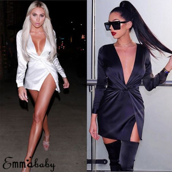 women autumn long sleeve deep v-neck satin party mini dress ladies solid black white knot dresses, Black;gray
women autumn long sleeve deep v-neck satin party mini dress ladies solid black white knot dresses, Black;gray