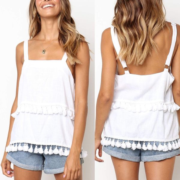 2019 korean clothes chemise femme fashion women casual tassel solid color sleeveless camis tank tee shirt femme sexy top, White
2019 korean clothes chemise femme fashion women casual tassel solid color sleeveless camis tank tee shirt femme sexy top, White