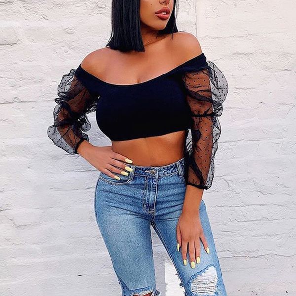 women ladies blouse fashion party long sleeve pullover see through sexy, White