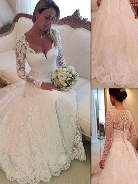 vintage full lace wedding dresses tulle v-neck illusion long sleeves court train a-line bridal wedding gowns custom plus size, White
vintage full lace wedding dresses tulle v-neck illusion long sleeves court train a-line bridal wedding gowns custom plus size, White