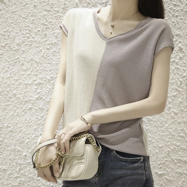contrast color t- stitching v-neck short-sleeved cotton and linen knitted t- women's loose slim knitted shirt base shirt summer 2020, White
contrast color t- stitching v-neck short-sleeved cotton and linen knitted t- women's loose slim knitted shirt base shirt summer 2020, White