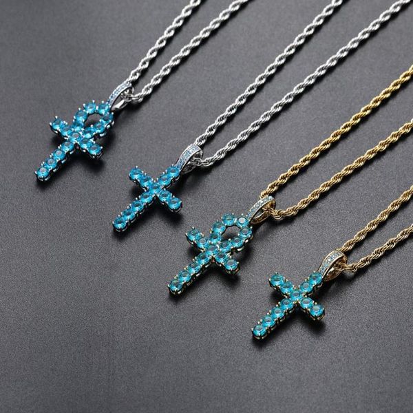 brass cz iced egyptian key of life pendant with blue zircon cross necklace men and women cn184, Silver
brass cz iced egyptian key of life pendant with blue zircon cross necklace men and women cn184, Silver