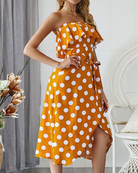 womens 2020 designer dress summer polka dot ruffled skirt strapless irregular casual dresses fashion slim bandge dress, Black;gray
womens 2020 designer dress summer polka dot ruffled skirt strapless irregular casual dresses fashion slim bandge dress, Black;gray