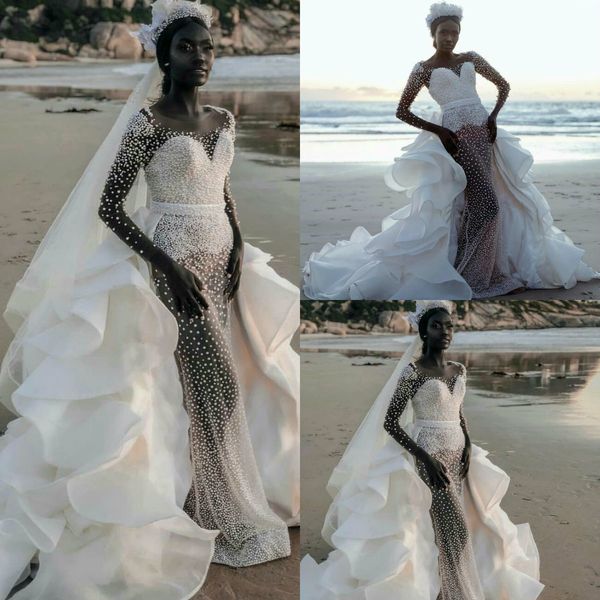 african overskirt wedding dresses sheer jewel neck pearls tulle sweep train beach bridal dress custom made plus size boho vestidos de novia, White
african overskirt wedding dresses sheer jewel neck pearls tulle sweep train beach bridal dress custom made plus size boho vestidos de novia, White