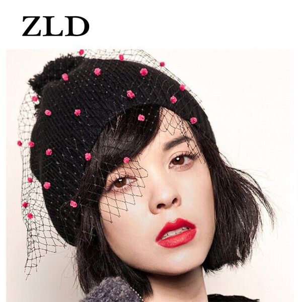 

zld winter new fashion cap chapeau femme women's veil knit hat warm wool street street retro veil hat mesh sombrero, Blue;gray