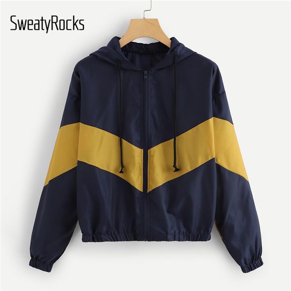 

sweatyrocks navy colorblock zip up hooded windbreaker jacket long sleeve women outerwear 2018 autumn athleisure hoodie jacket, Black;brown