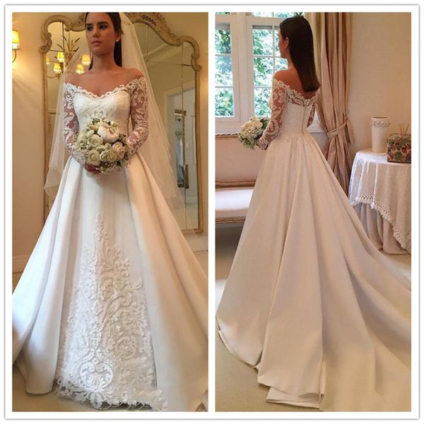 vestido de novia elegant off shoulder a line wedding dresses lace long sleeve bridal party gown robes de mariee wedding gown, White
vestido de novia elegant off shoulder a line wedding dresses lace long sleeve bridal party gown robes de mariee wedding gown, White