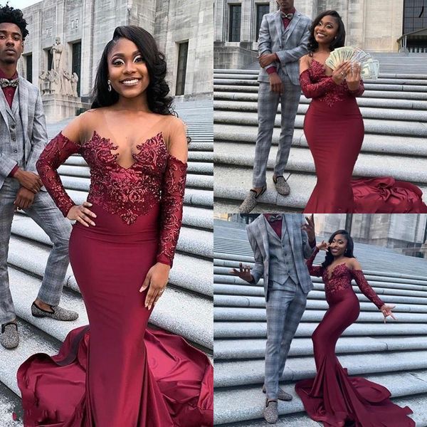 2020 burgundy sheer crew neck mermaid long evening dresses long sleeves lace applique sweep train formal party prom dress, Black;red 
2020 burgundy sheer crew neck mermaid long evening dresses long sleeves lace applique sweep train formal party prom dress, Black;red