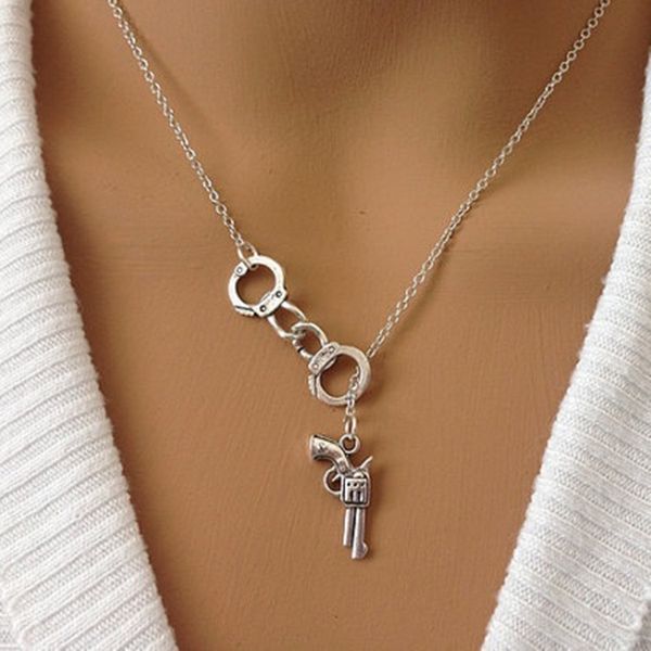 chains doomsday flower pistol handcuff pendant couple necklace prom mask, Silver