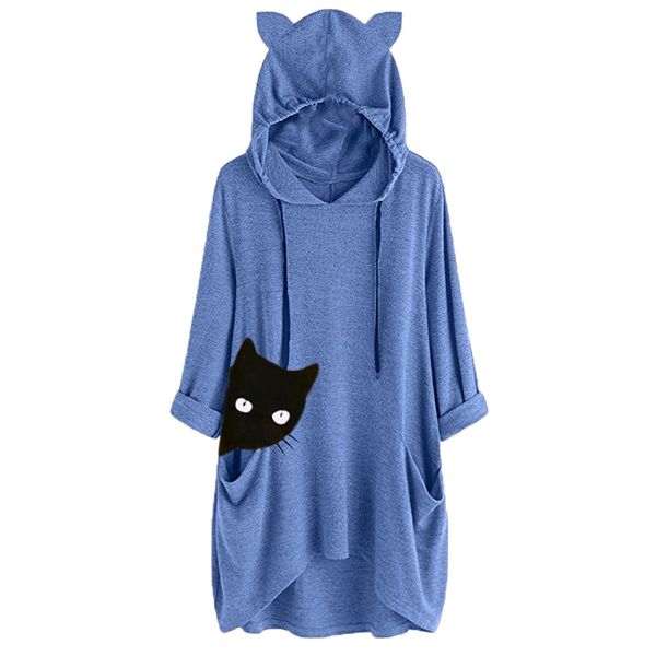 new women casual sweatshirt 2019 print cat ear hooded long sleeves pocket fall blouse shirt loose large size t shirt dress